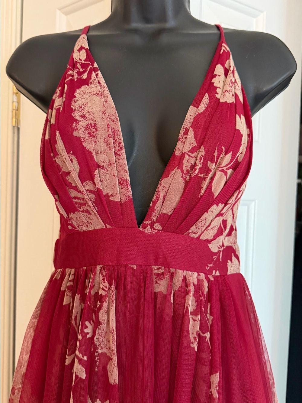 Ever After Red Floral Maxi Dress with Crisscross Back perfect for a dressy event - Picture 3 of 15